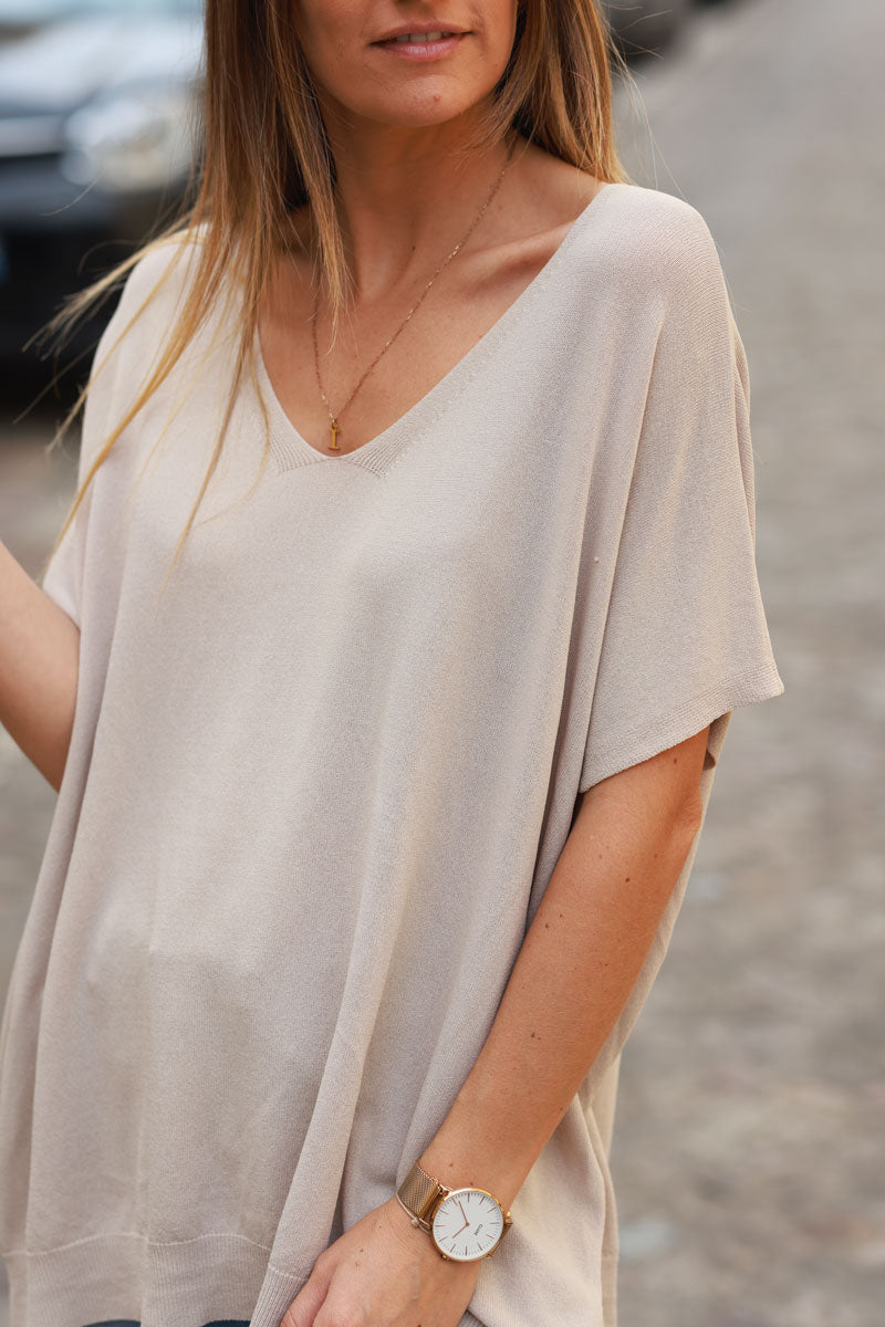 Taupe stretch fine knit top with short sleeves