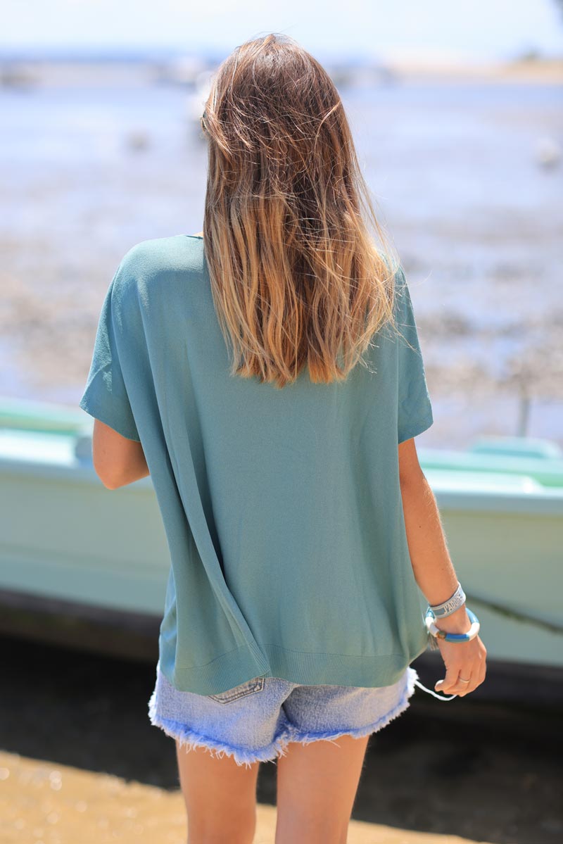 Celadon green oversized fine knit t-shirt with short sleeves