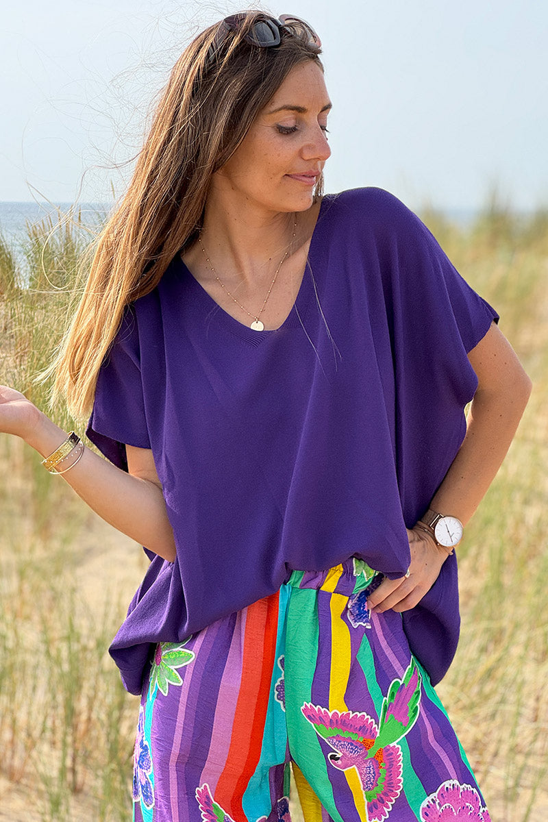 Purple stretch fine knit top with short sleeves