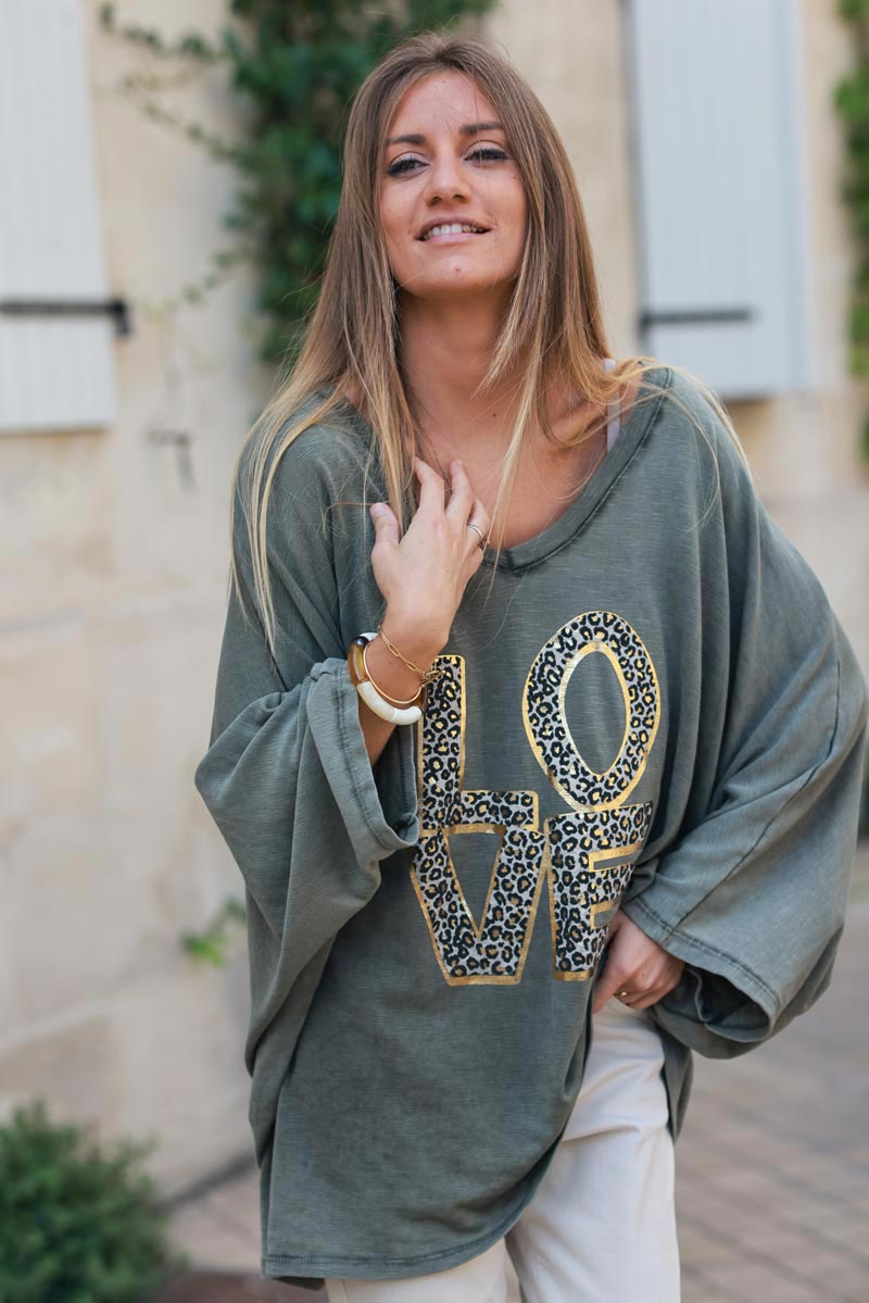 Khaki stretch fine knit batwing top with Love print