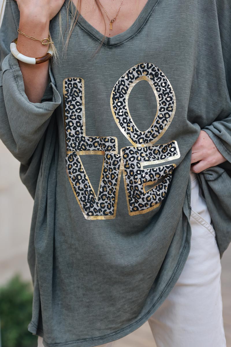 Khaki stretch fine knit batwing top with Love print