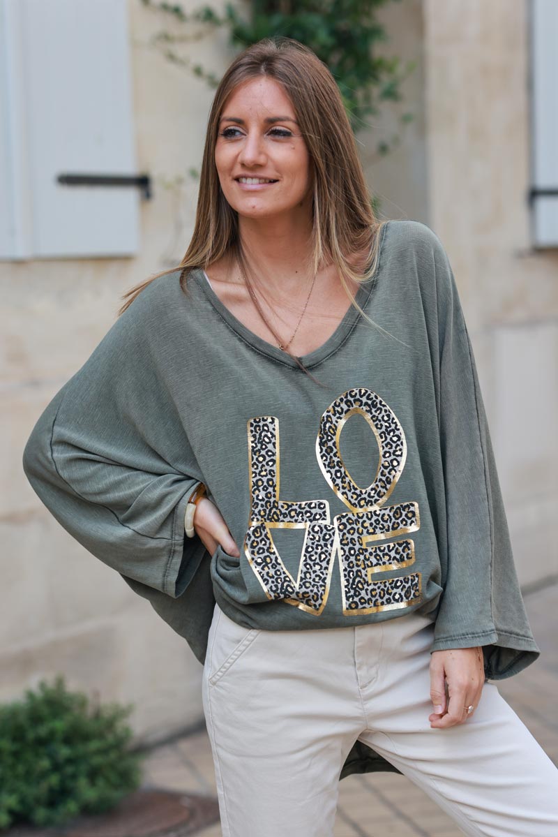 Khaki stretch fine knit batwing top with Love print