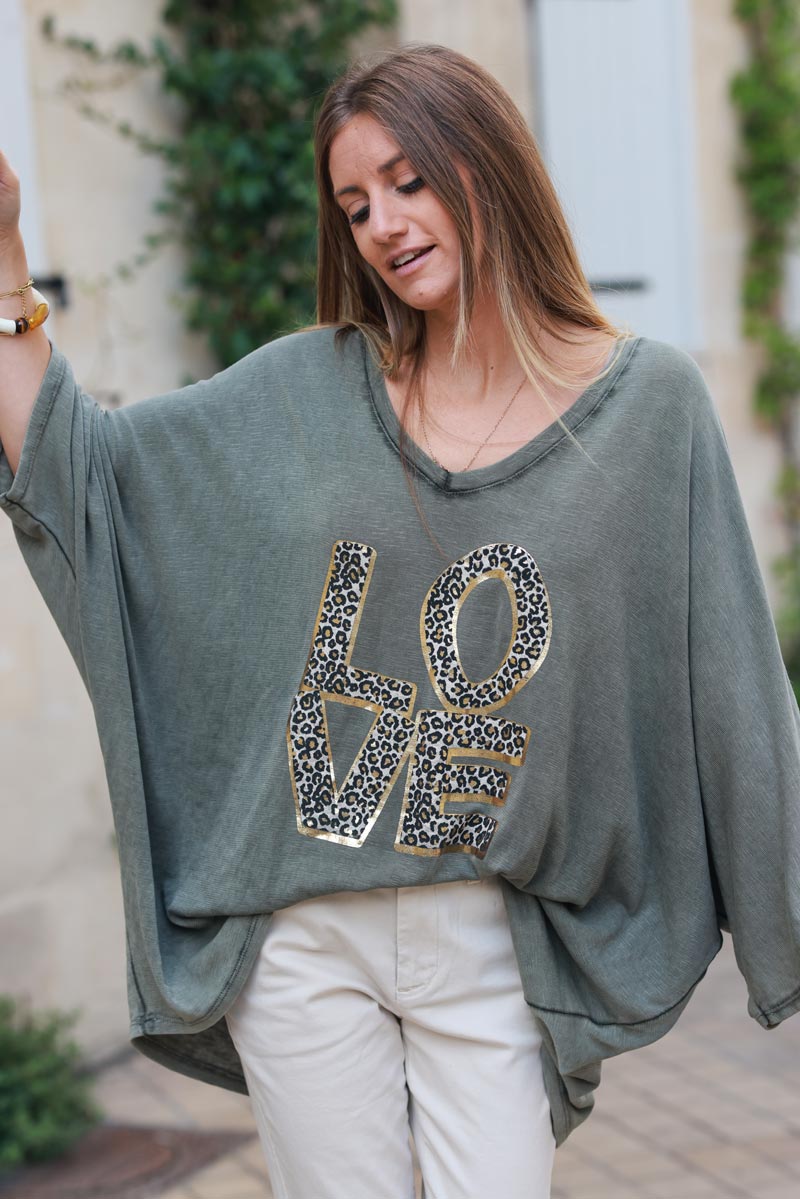 Khaki stretch fine knit batwing top with Love print