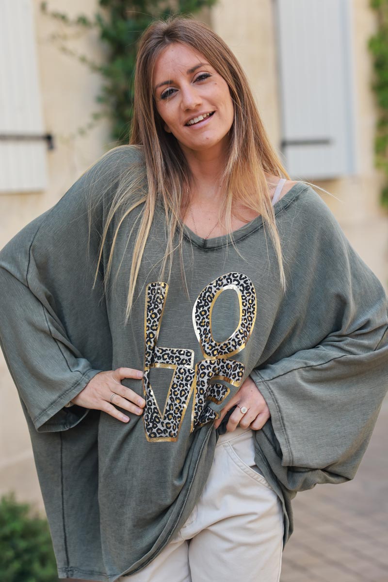 Khaki stretch fine knit batwing top with Love print