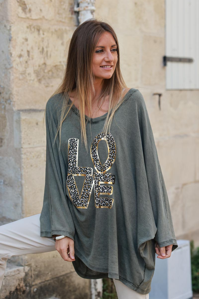 Khaki stretch fine knit batwing top with Love print