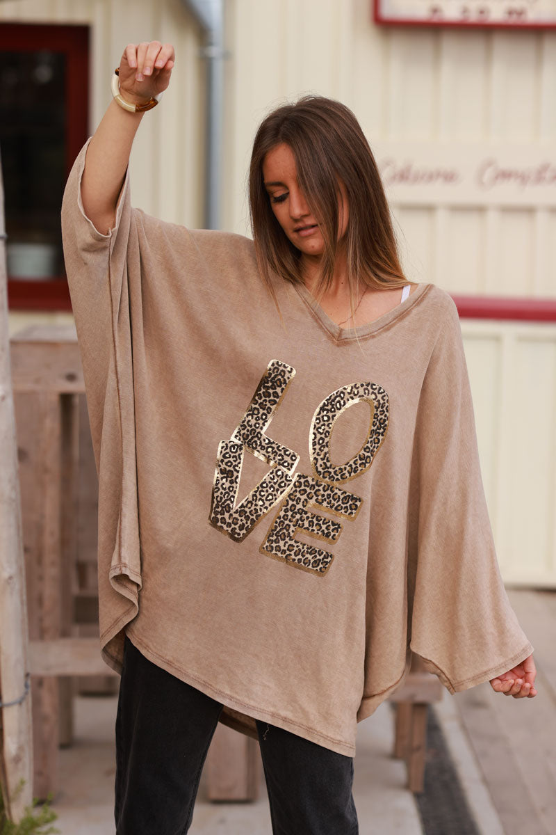 Ice Brown Stretch fine Knit Batwing Top with Love print