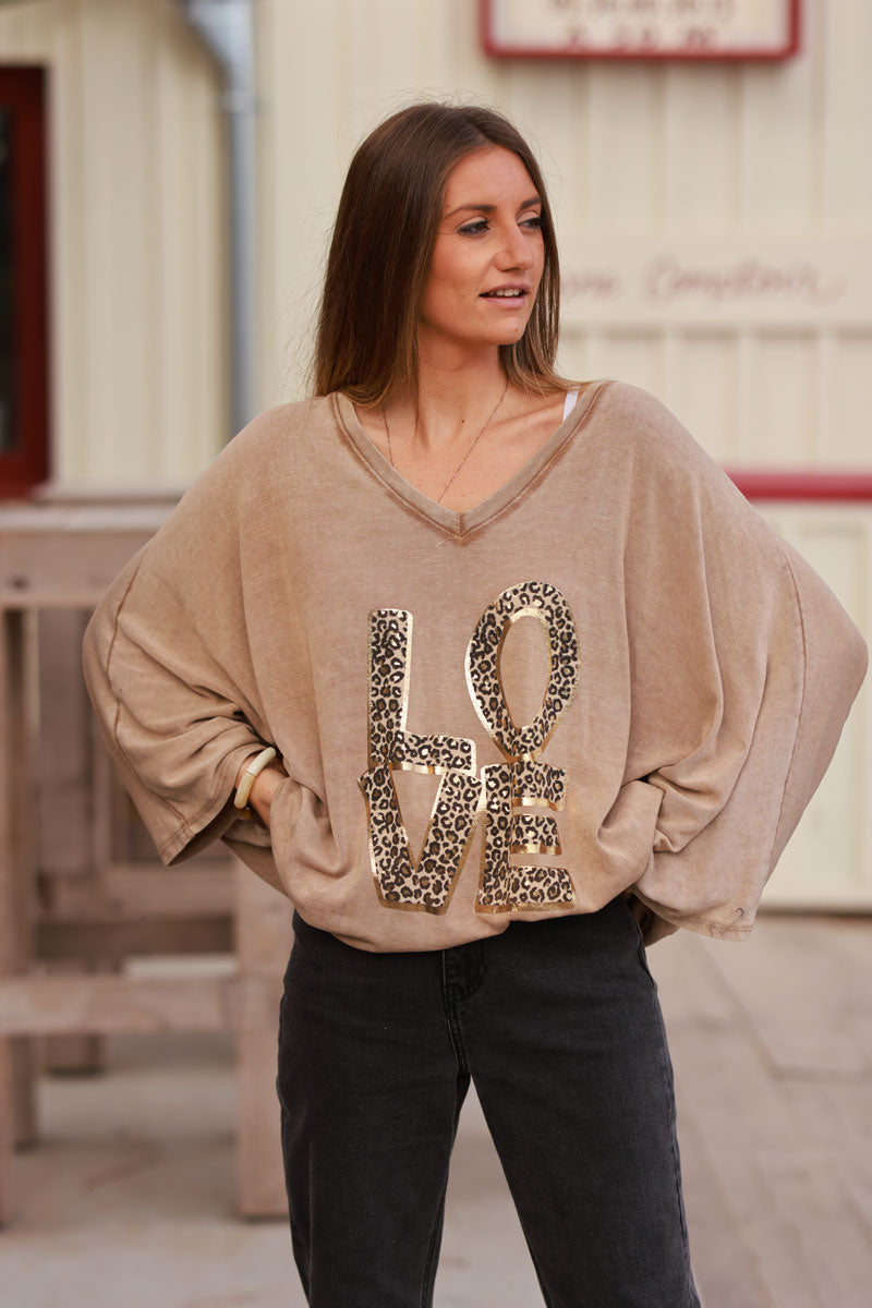 Ice Brown Stretch fine Knit Batwing Top with Love print