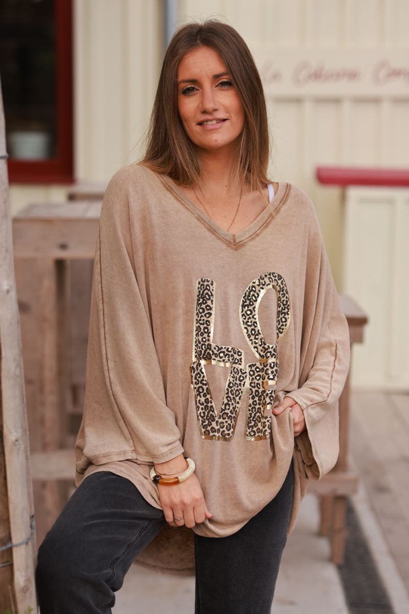 Ice Brown Stretch fine Knit Batwing Top with Love print