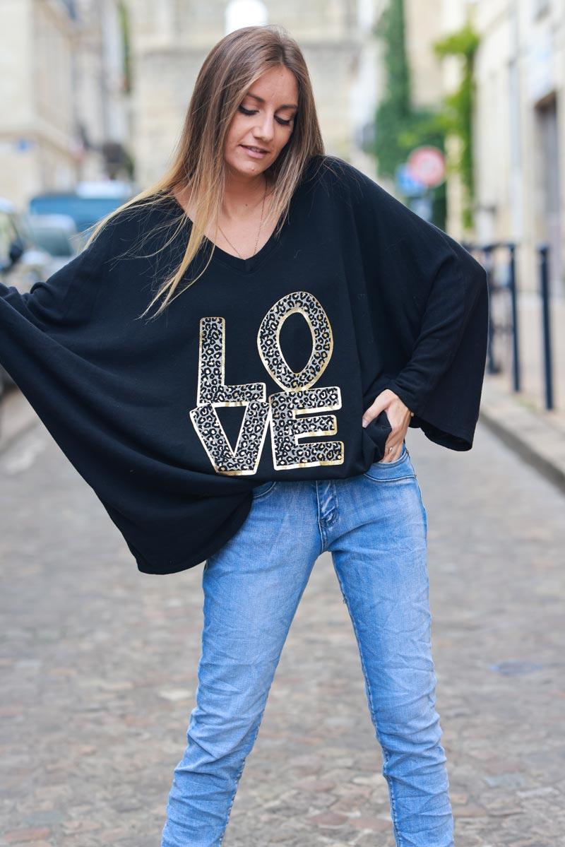 Top stretch large et loose noir manches chauve souris LOVE léopard