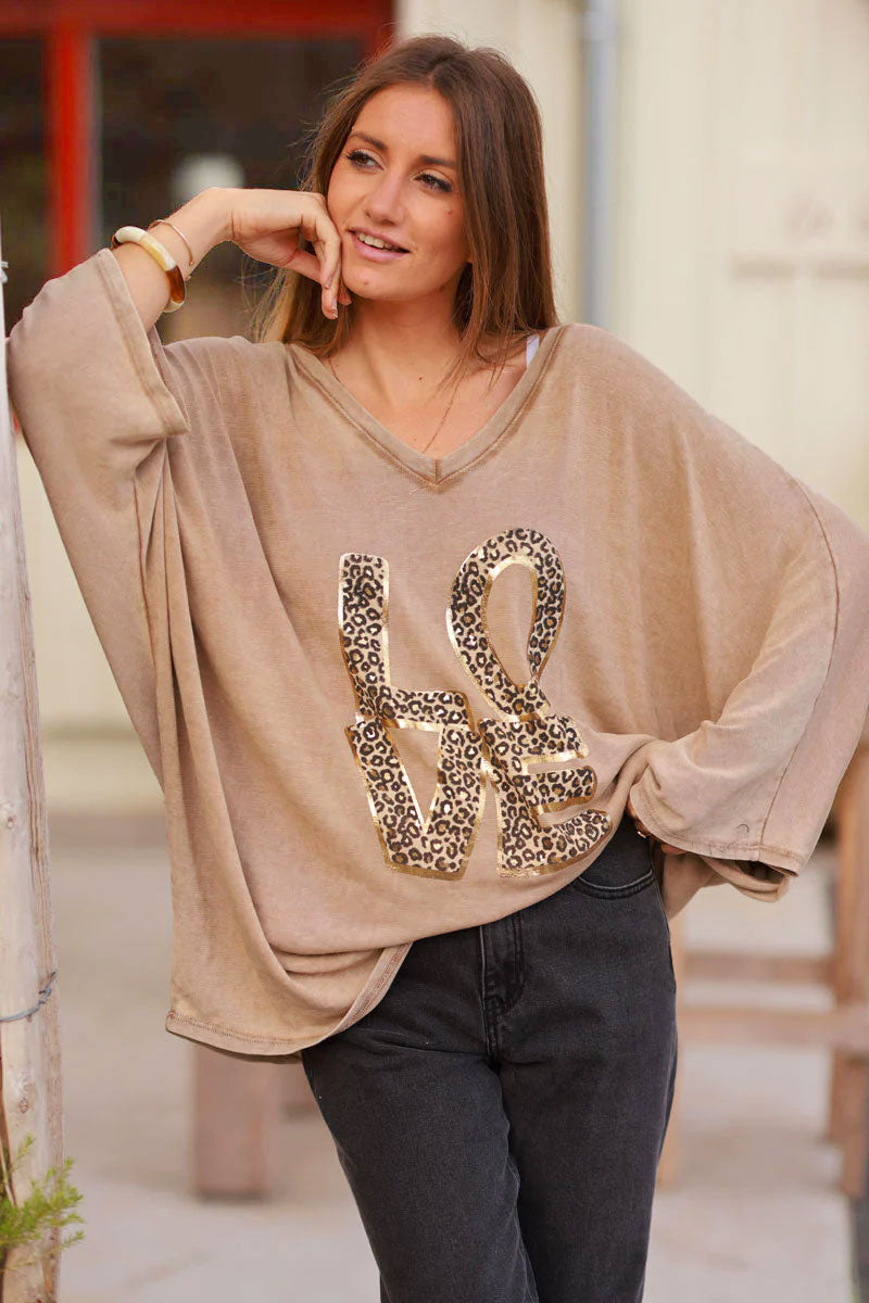 Ice Brown Stretch fine Knit Batwing Top with Love print