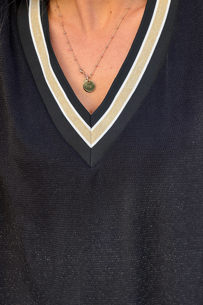 Top stretch et large noir en lurex col v brillant