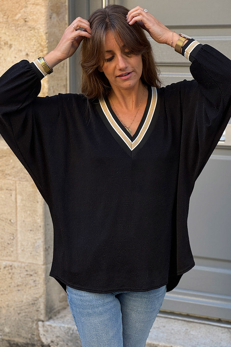 Top stretch et large noir en lurex col v brillant