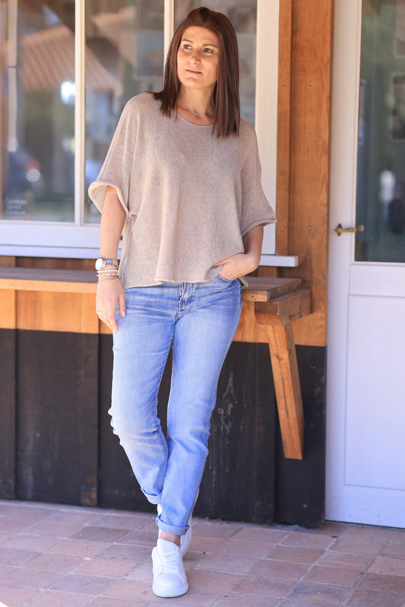 Taupe cotton knit top with batwing sleeves