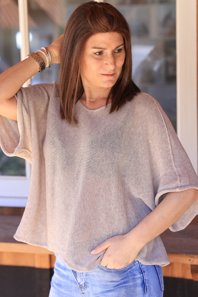 Taupe cotton knit top with batwing sleeves