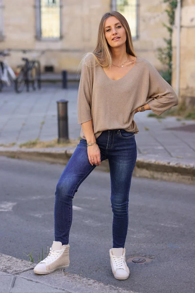 Batwing taupe jersey top