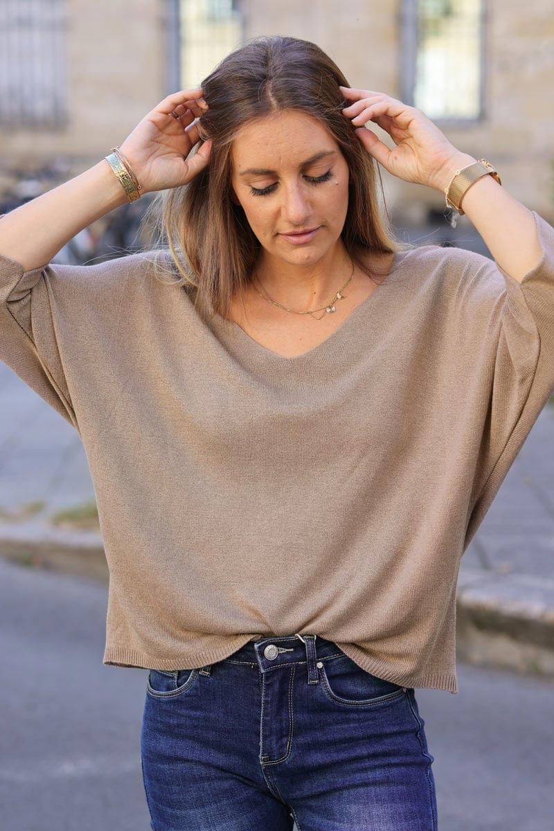 Top taupe jersey manches chauve souris