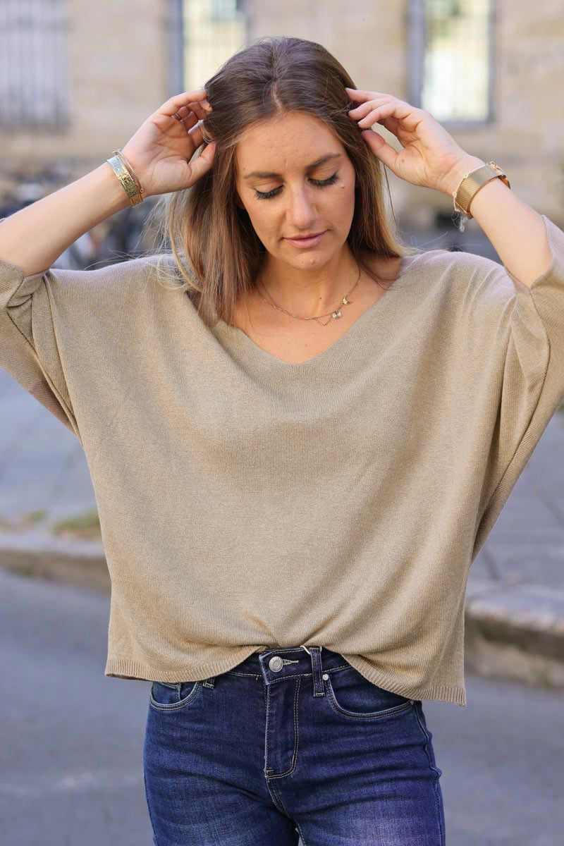 Top taupe jersey manches chauve souris