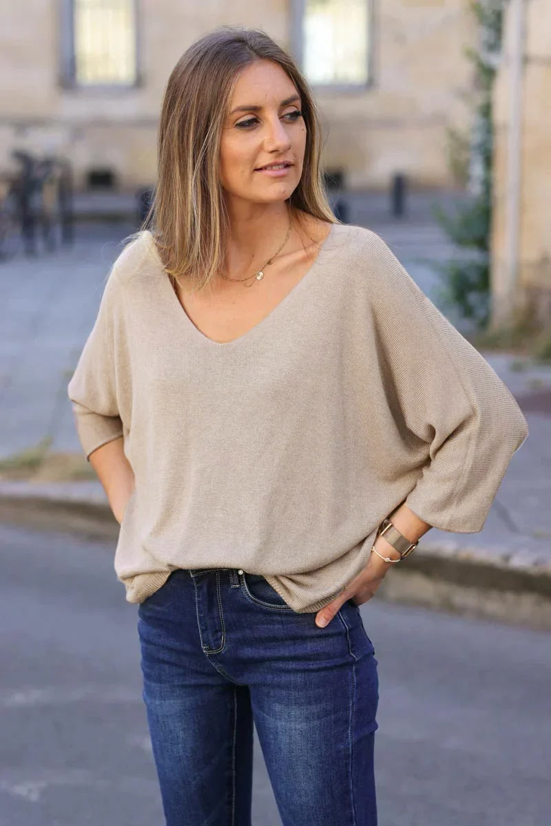 Top taupe jersey manches chauve souris