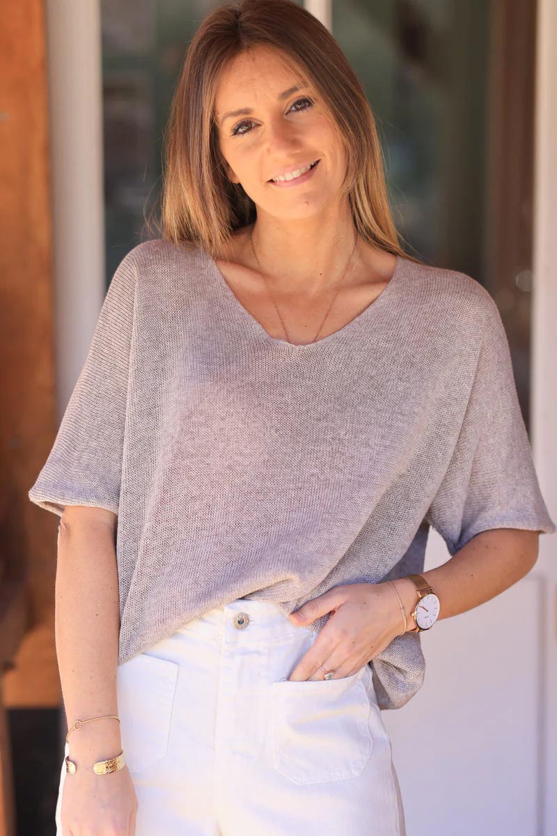 Taupe cotton knit short sleeve top v-neck