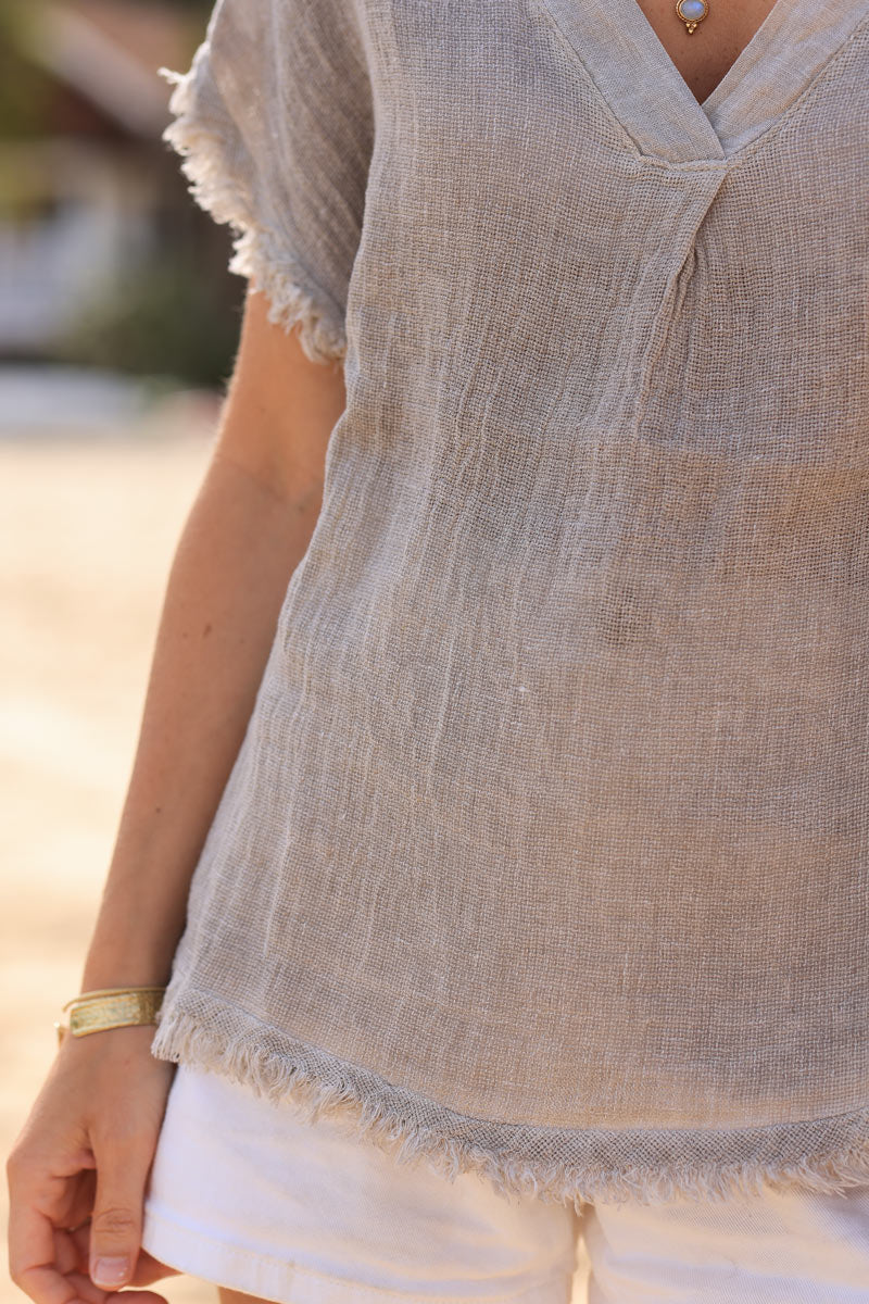 Top taupe mi coton mi lin petites franges