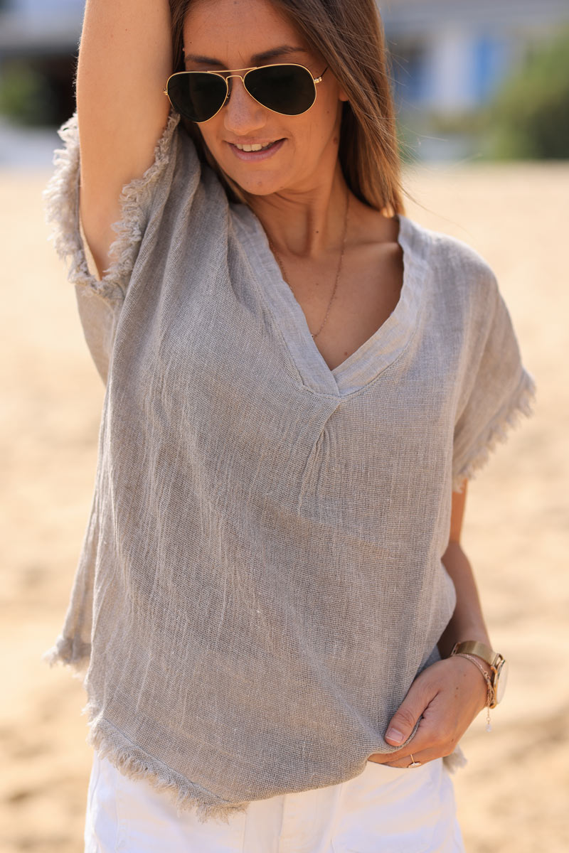 Taupe cotton linen blend short sleeve blouse with fringed hems