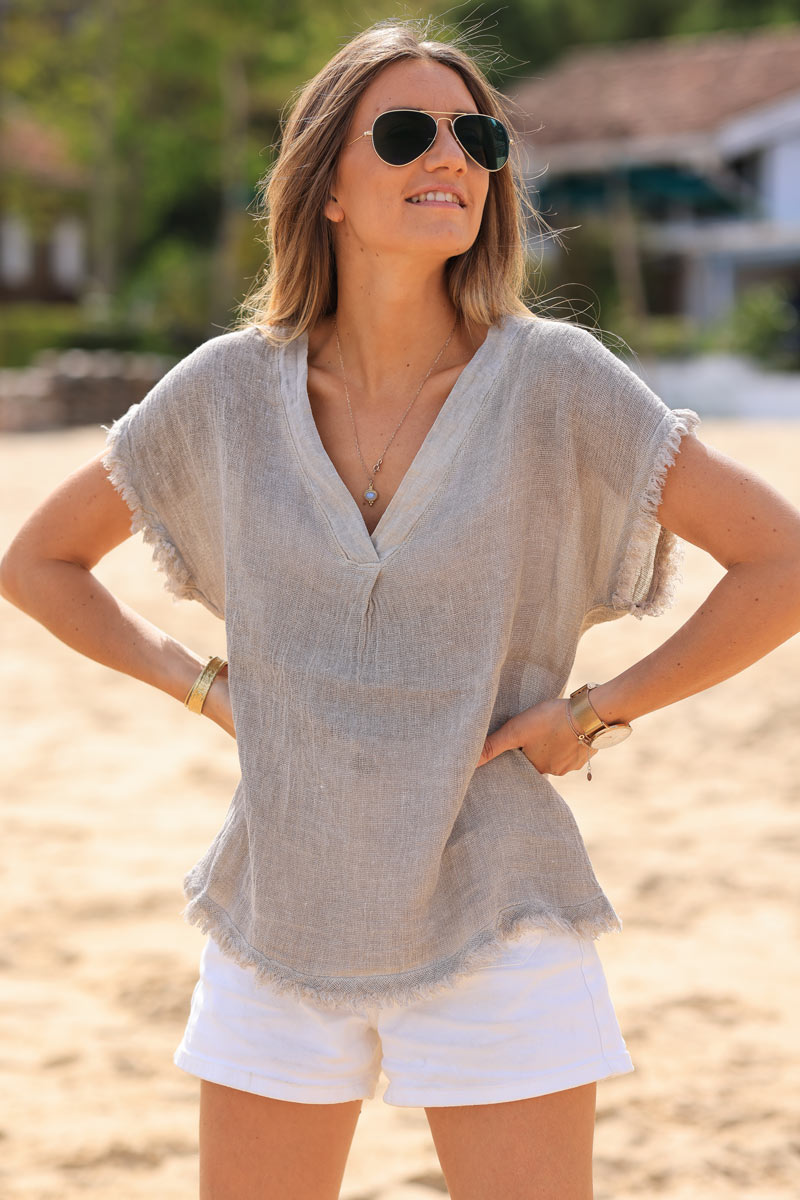 Taupe cotton linen blend short sleeve blouse with fringed hems