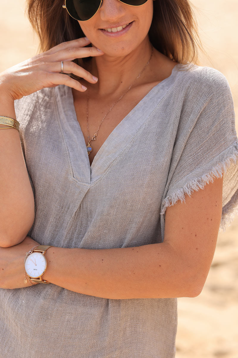 Taupe cotton linen blend short sleeve blouse with fringed hems