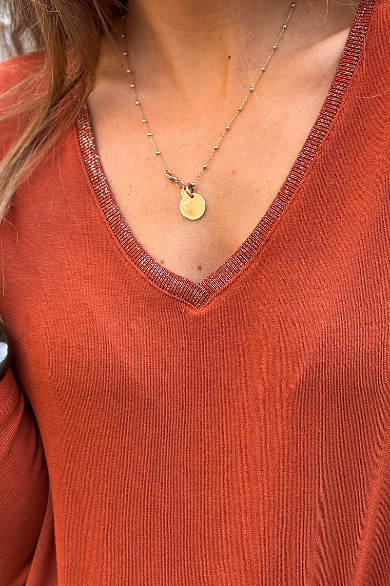 Terracotta Sparkle V-Neck Viscose Top