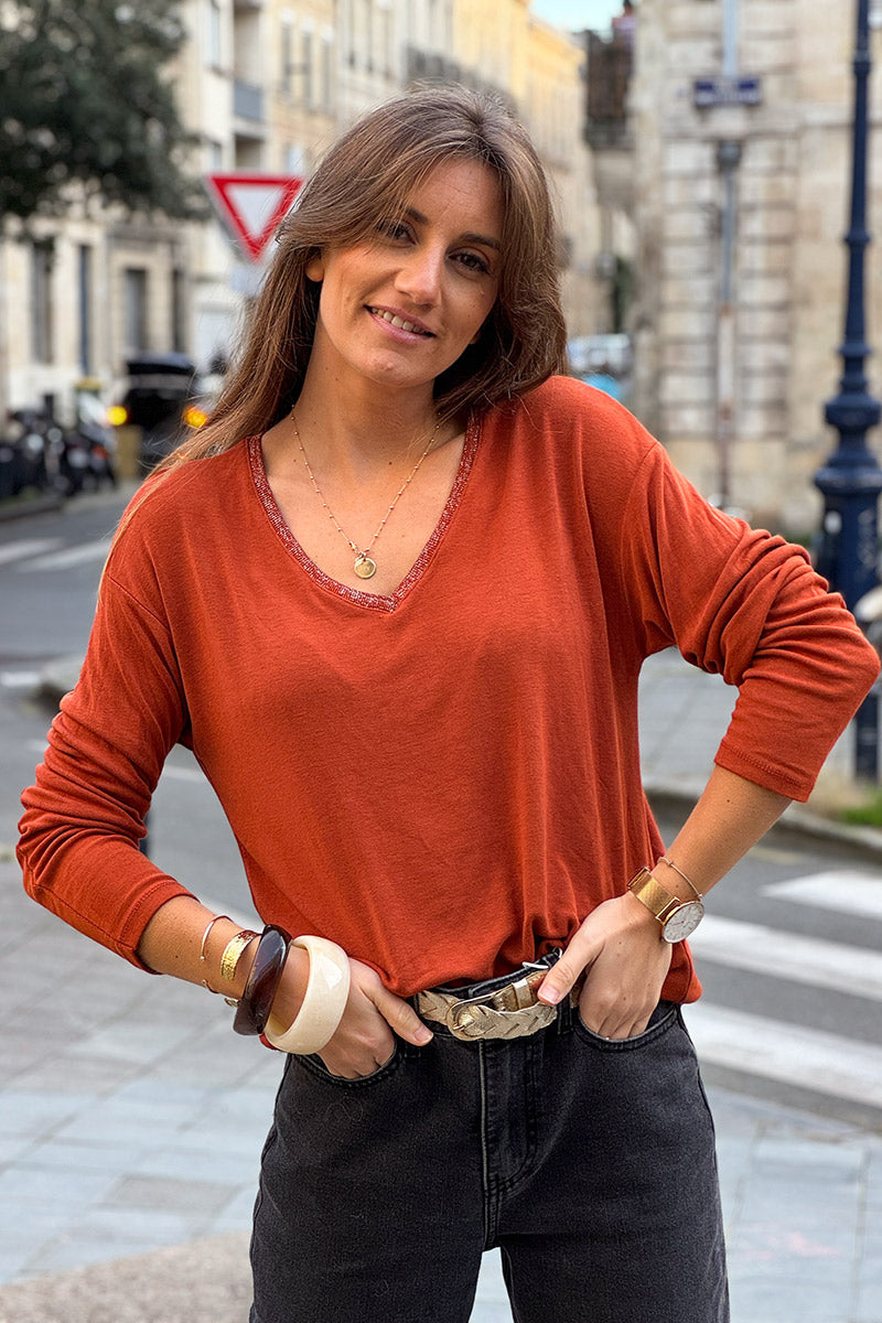 Terracotta Sparkle V-Neck Viscose Top