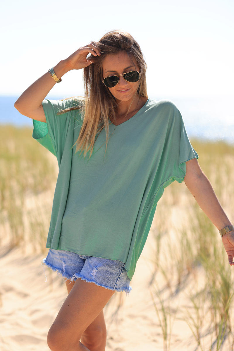 Relaxed fit celadon green v-neck top