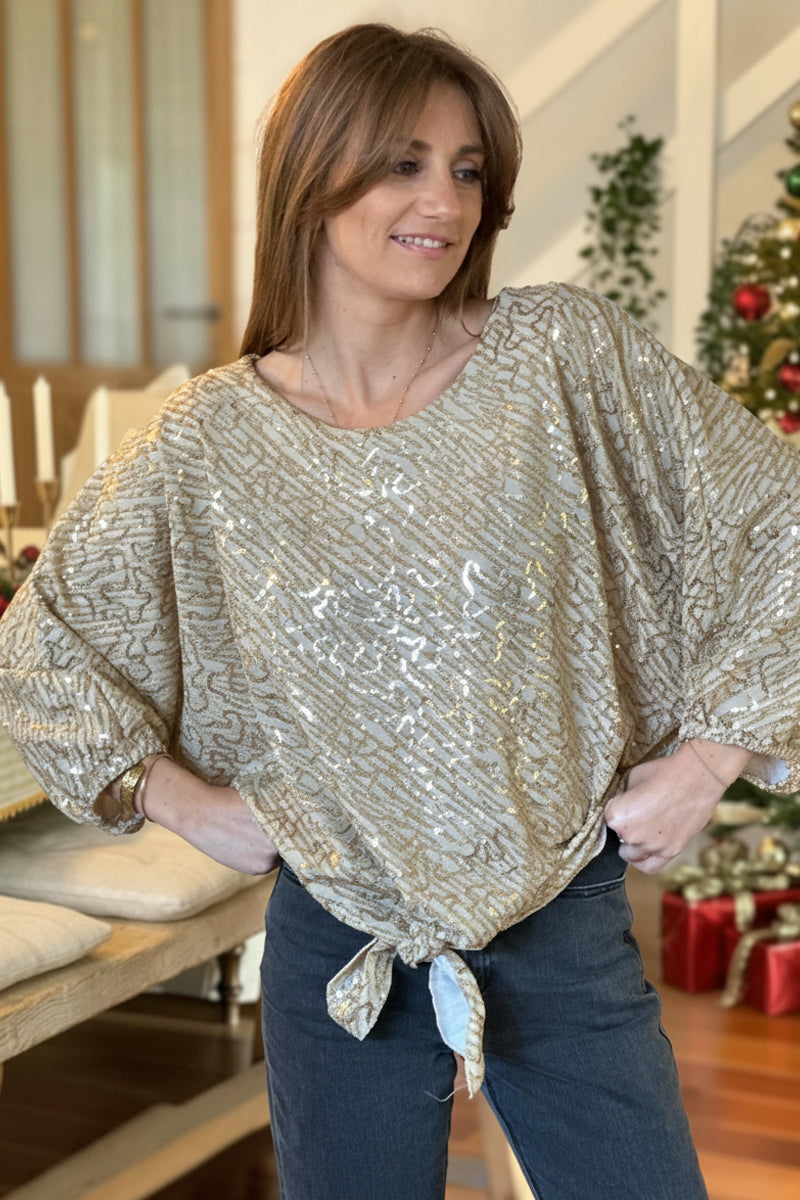 Gold Sequin Patterned Tie-Front Blouse
