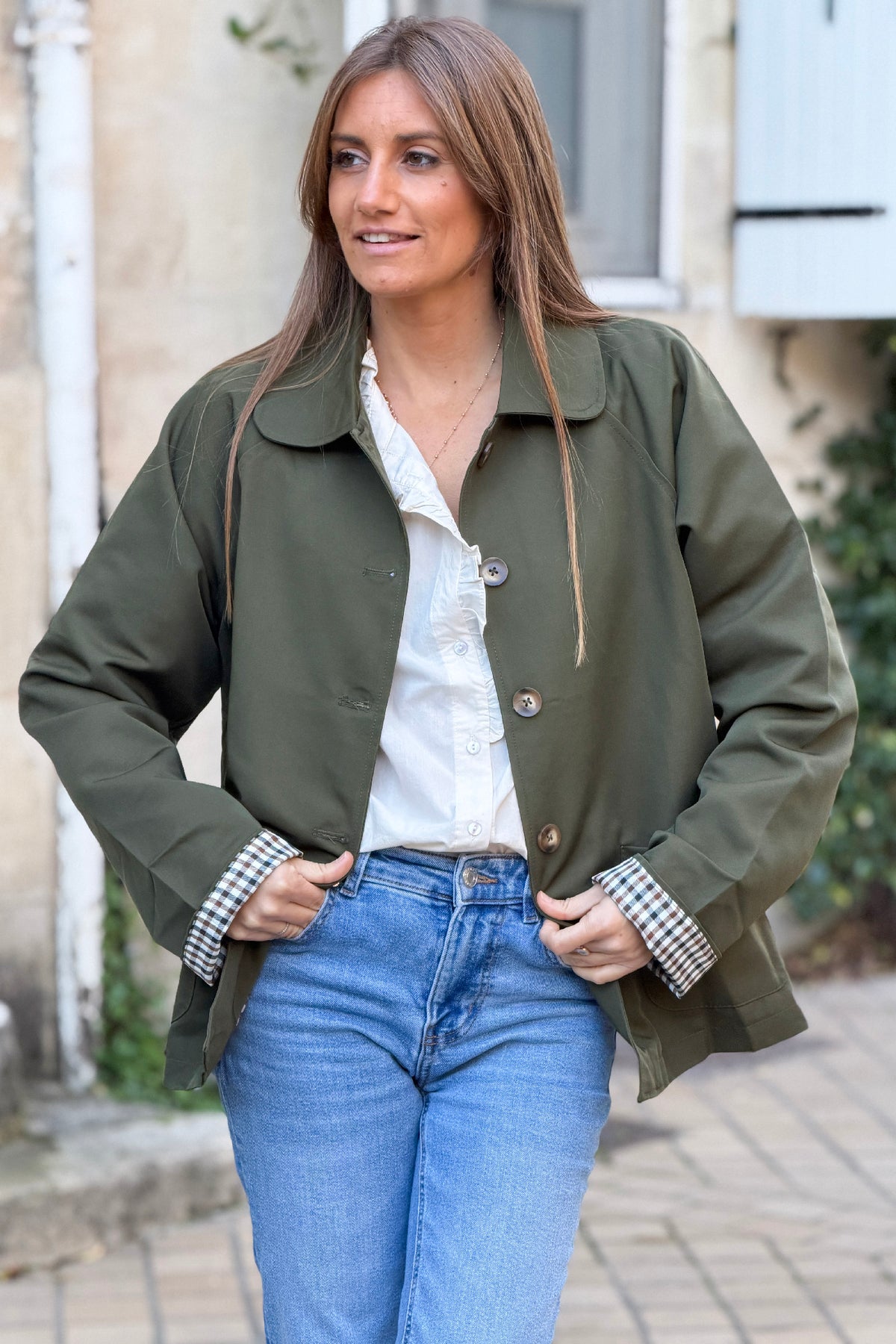 Olive Twill Coat with Plaid Trim