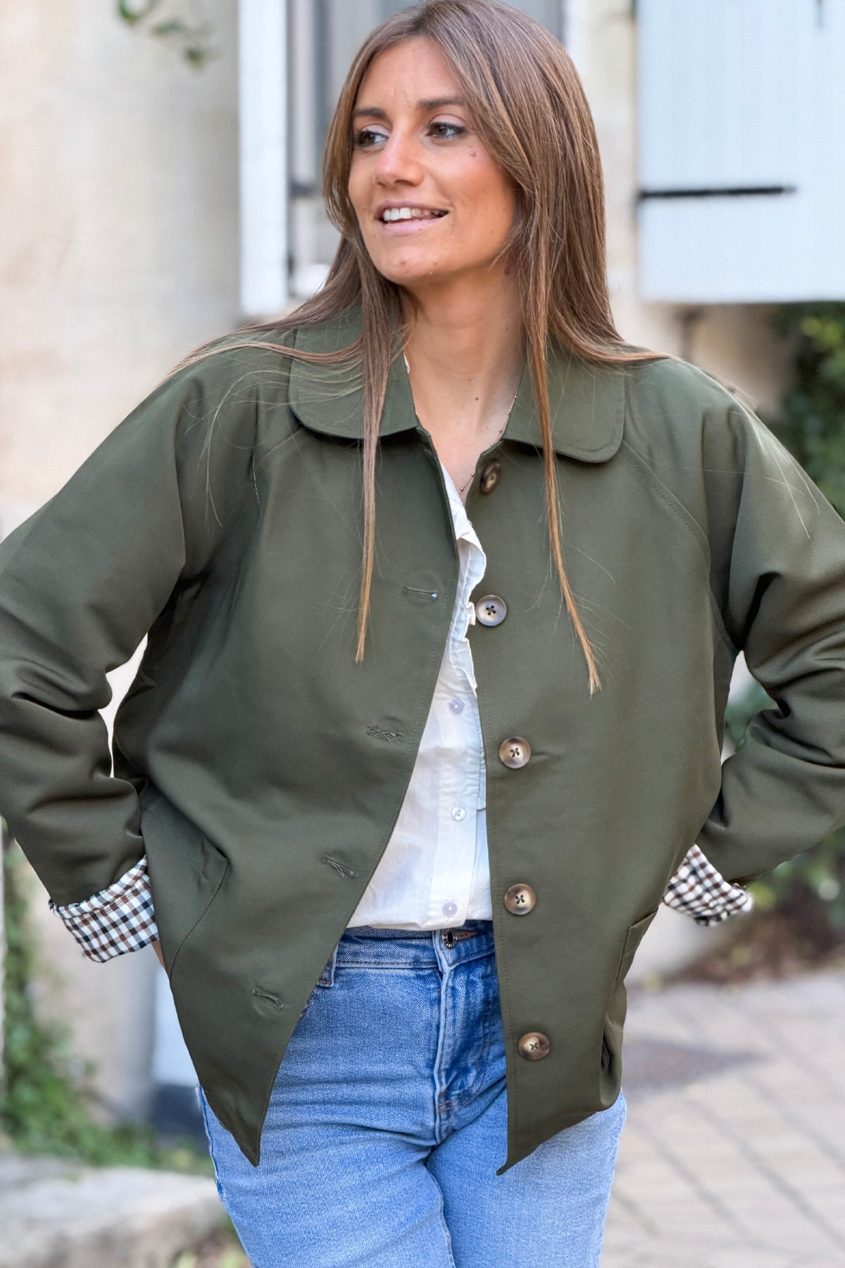 Olive Twill Coat with Plaid Trim