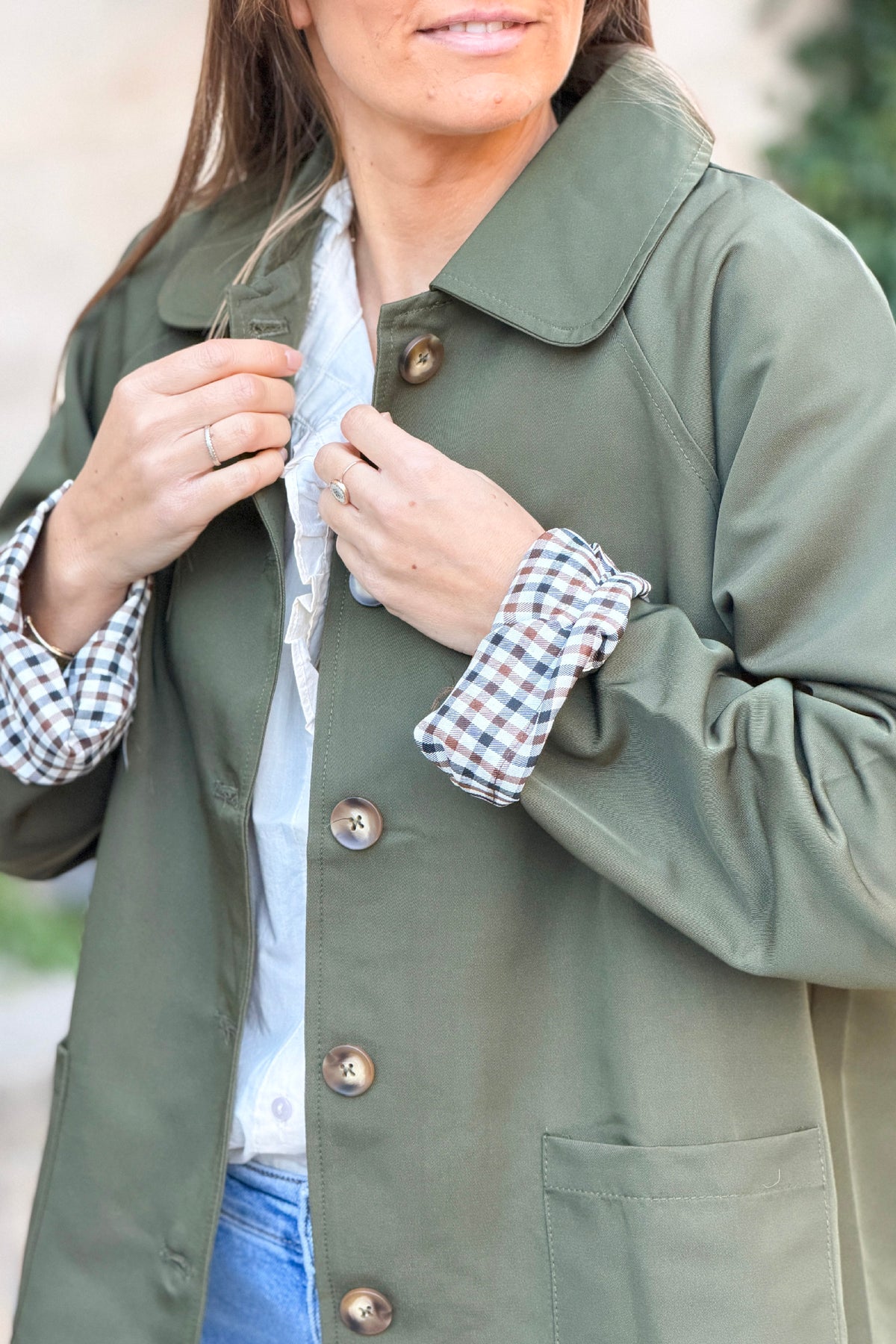 Olive Twill Coat with Plaid Trim