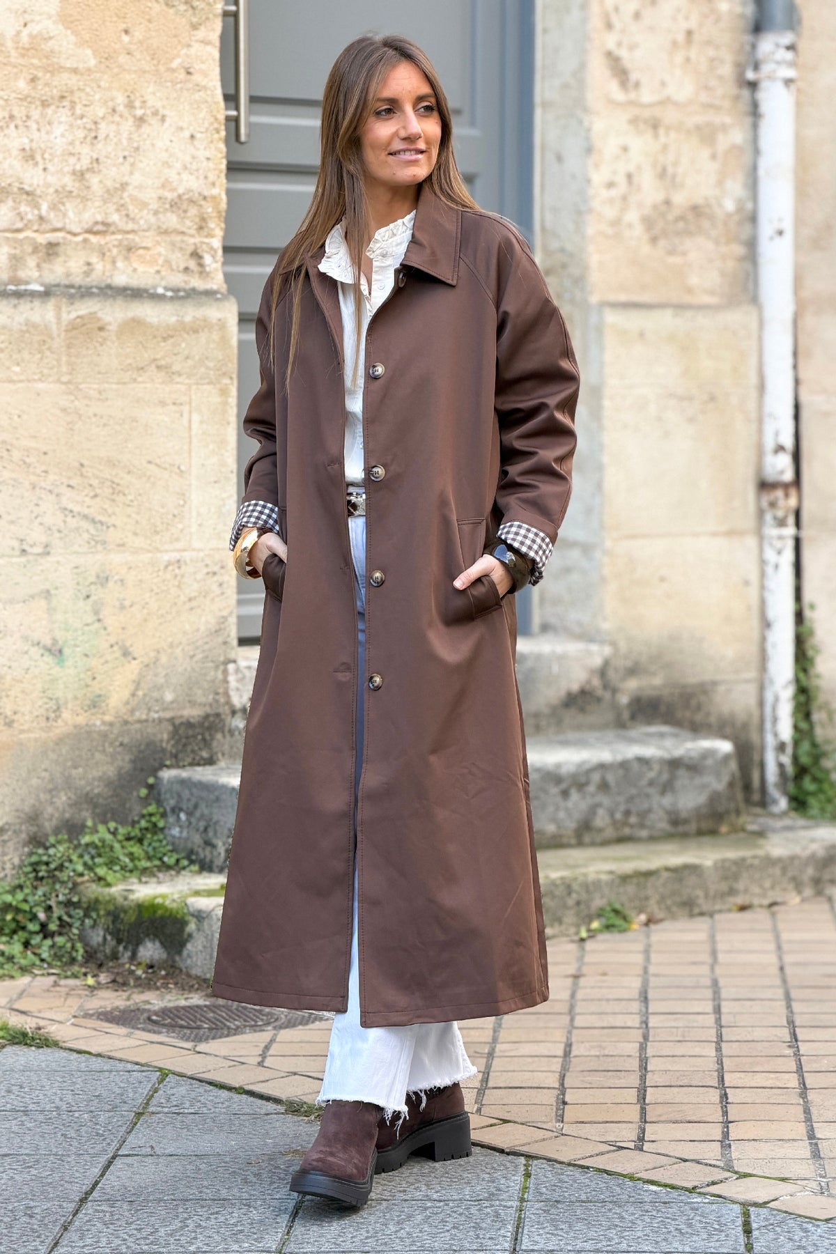 Chocolate Brown Twill Trench Coat with Plaid Lining
