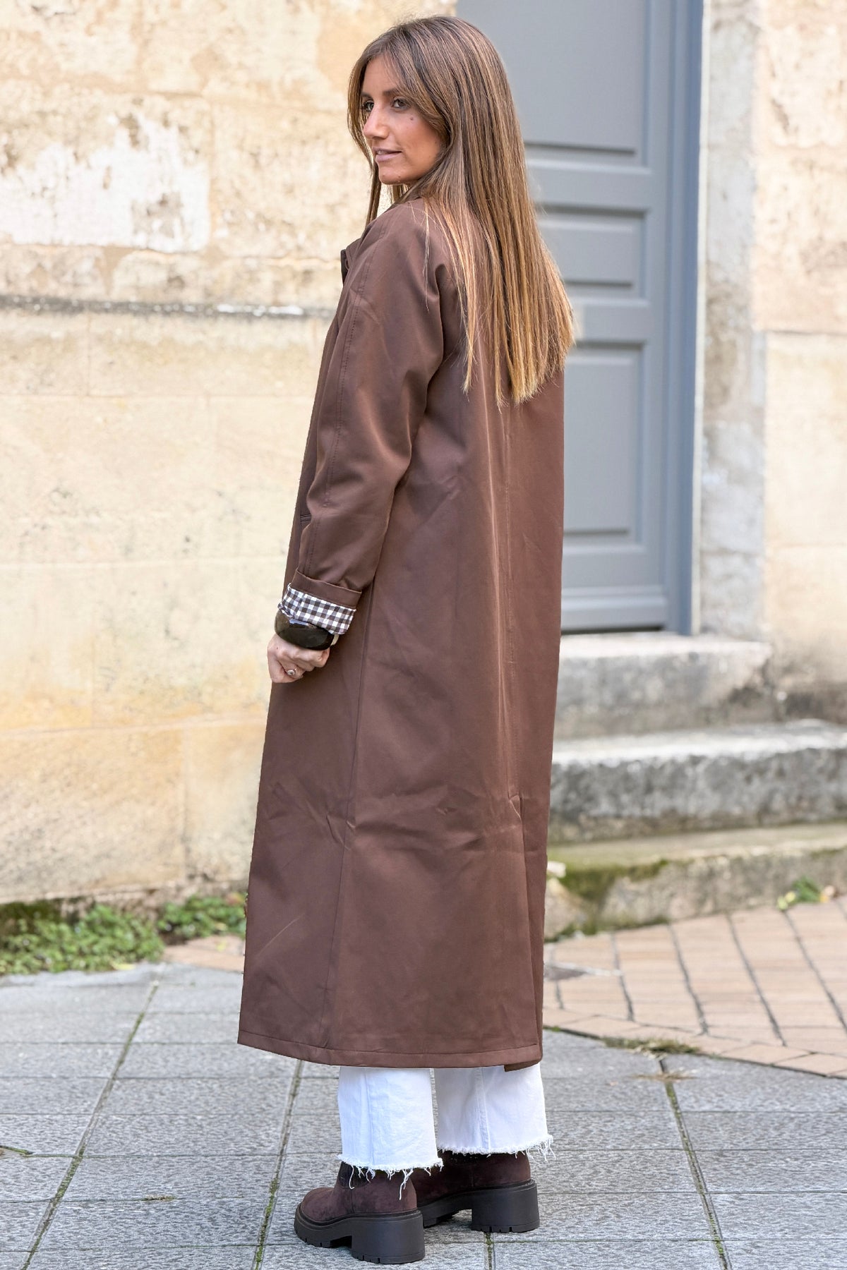 Chocolate Brown Twill Trench Coat with Plaid Lining