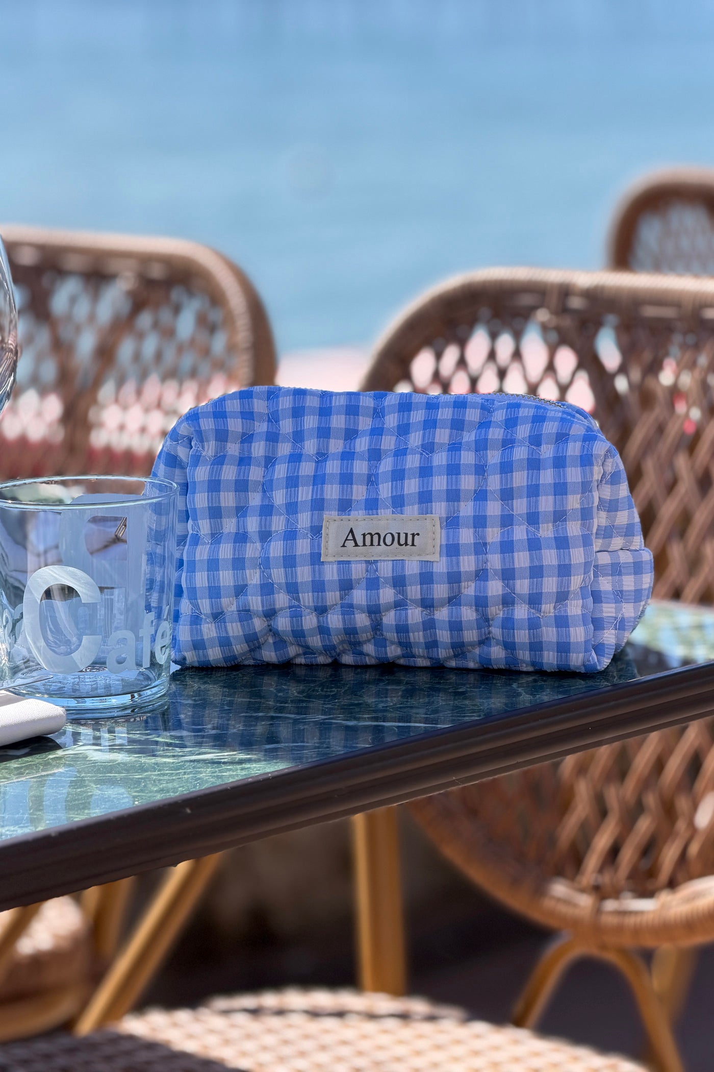 Blue Gingham “Amour” Heart Printed Pouch