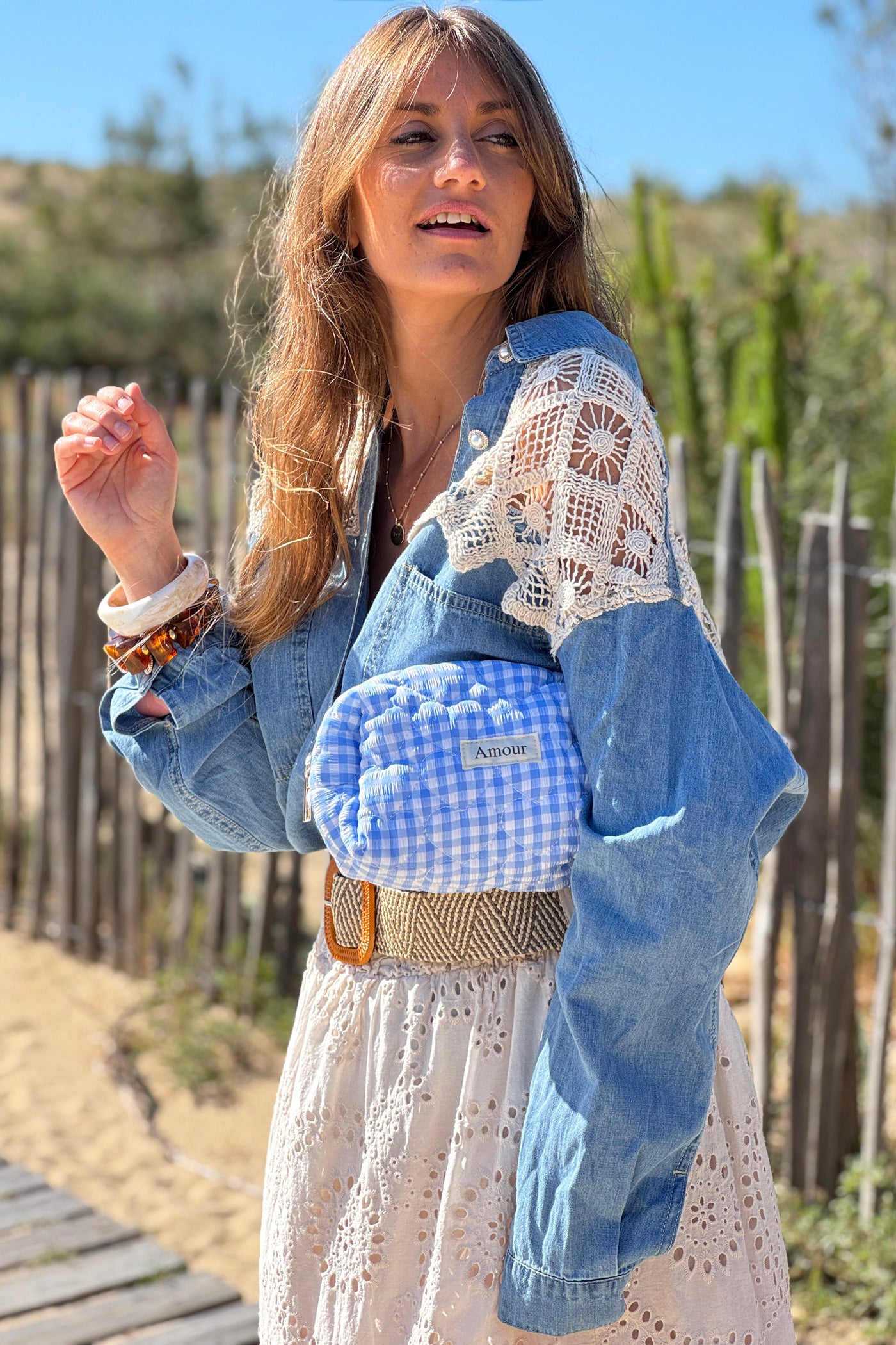 Trousse en gaze de coton a carreaux vichy bleu Amour