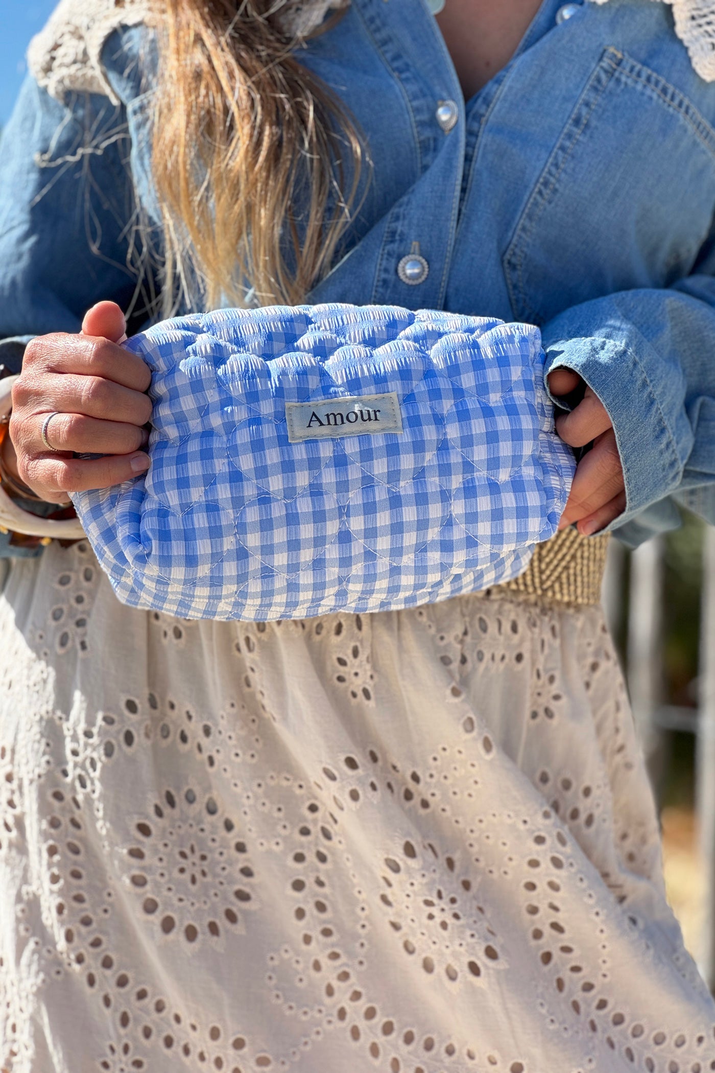 Blue Gingham “Amour” Heart Printed Pouch