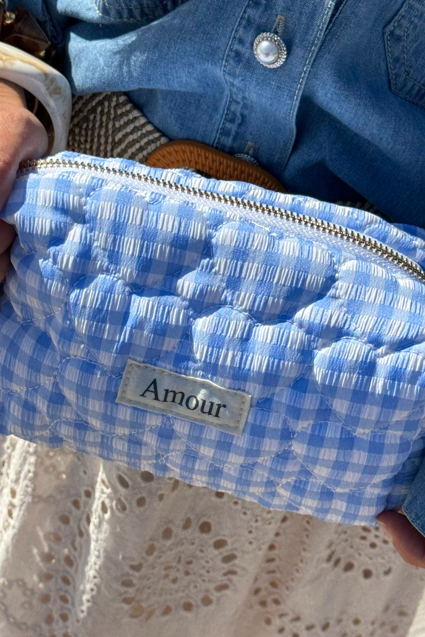 Blue Gingham “Amour” Heart Printed Pouch