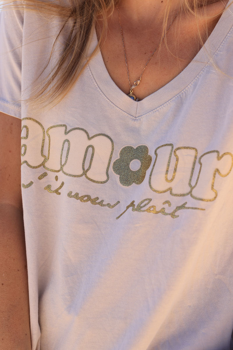 Beige cotton t-shirt "amour s'il vous plaît" in glitter