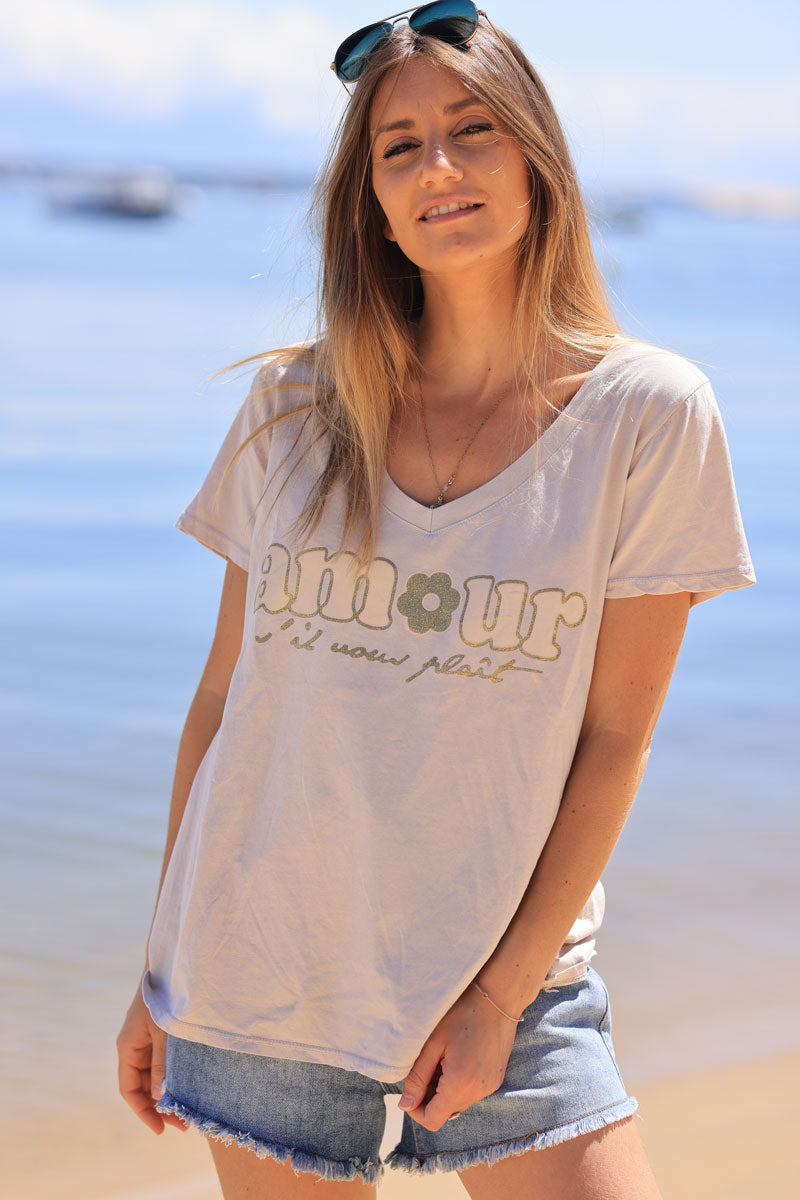 Beige cotton t-shirt "amour s'il vous plaît" in glitter