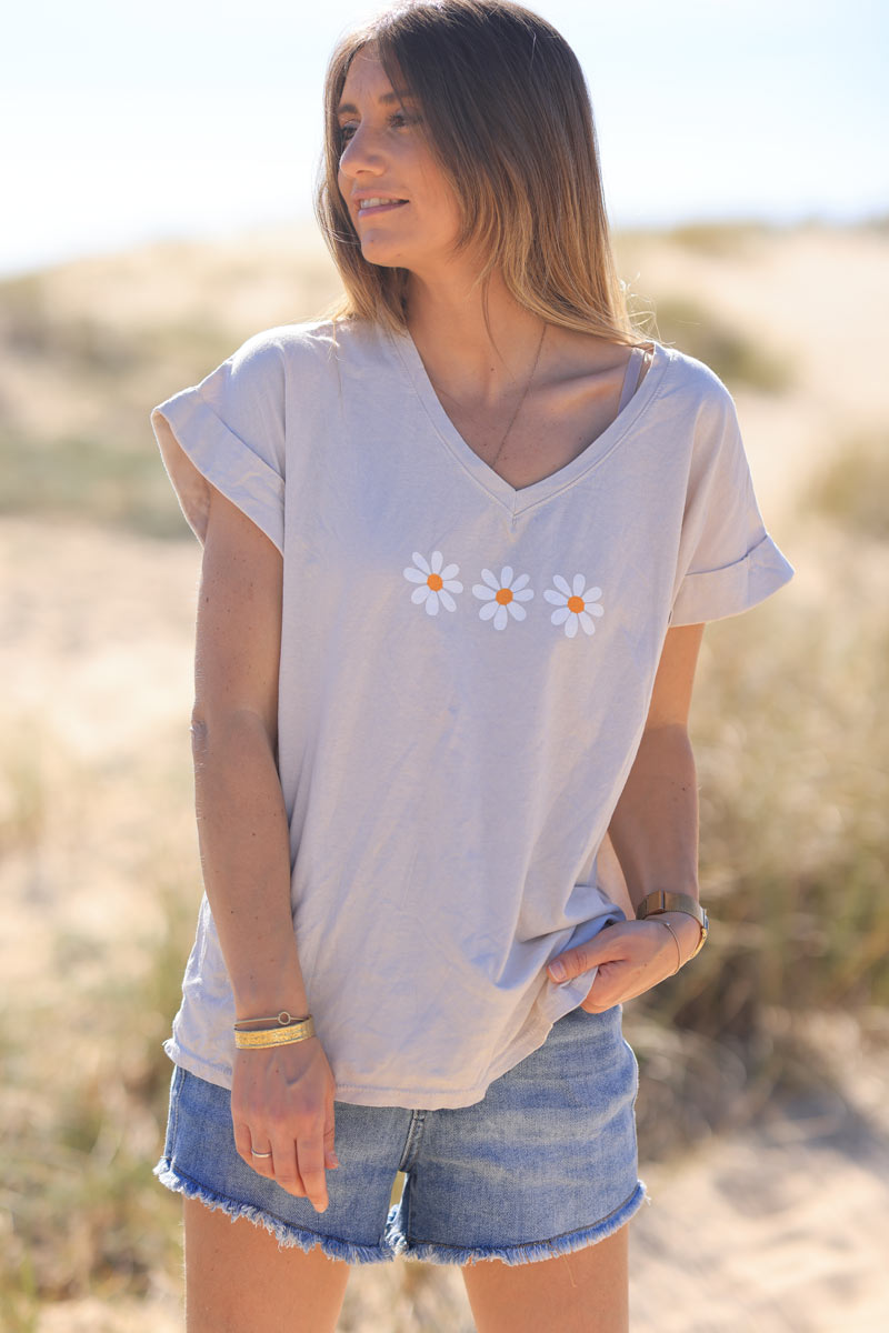 Beige cotton short sleeve T-shirt with daisy trio