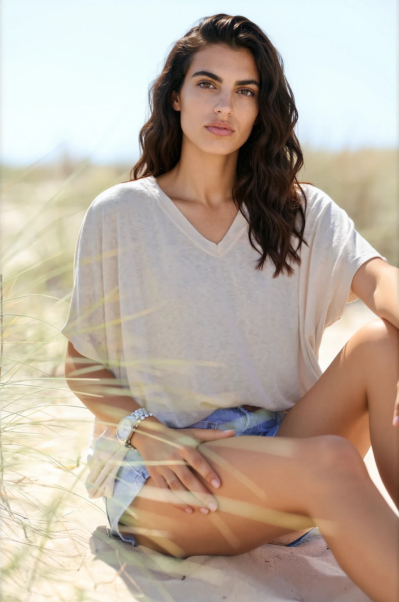Camiseta beige suave, ancha y holgada, manga corta murciélago