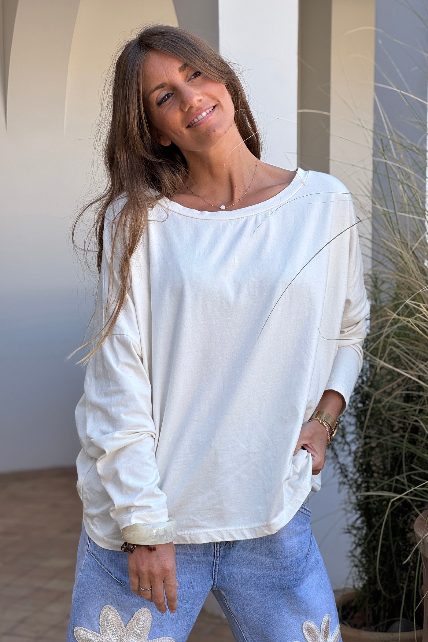 Off White Boat Neck Long-Sleeve Jersey Tee