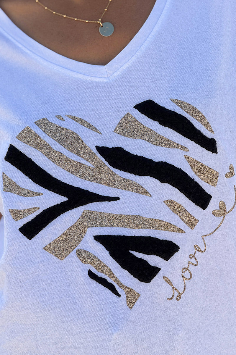 Tshirt blanc col V manches courtes cœur zèbre noir et paillettes