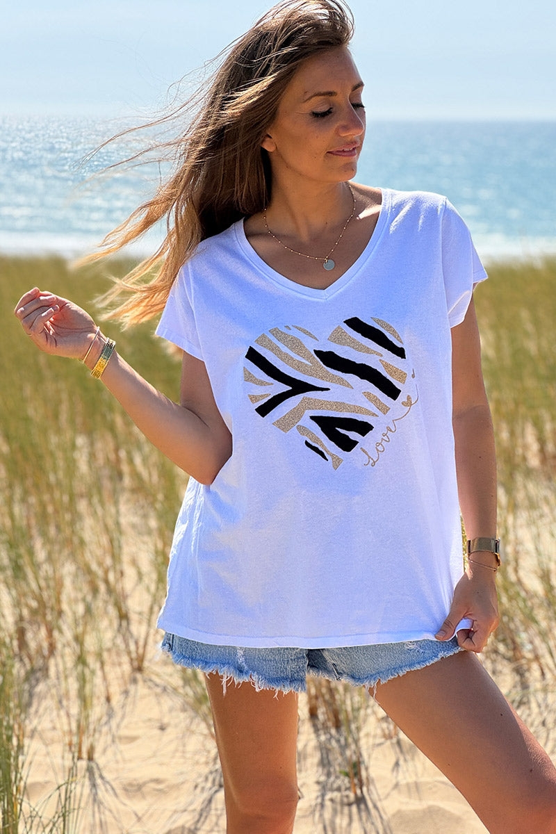 Tshirt blanc col V manches courtes cœur zèbre noir et paillettes