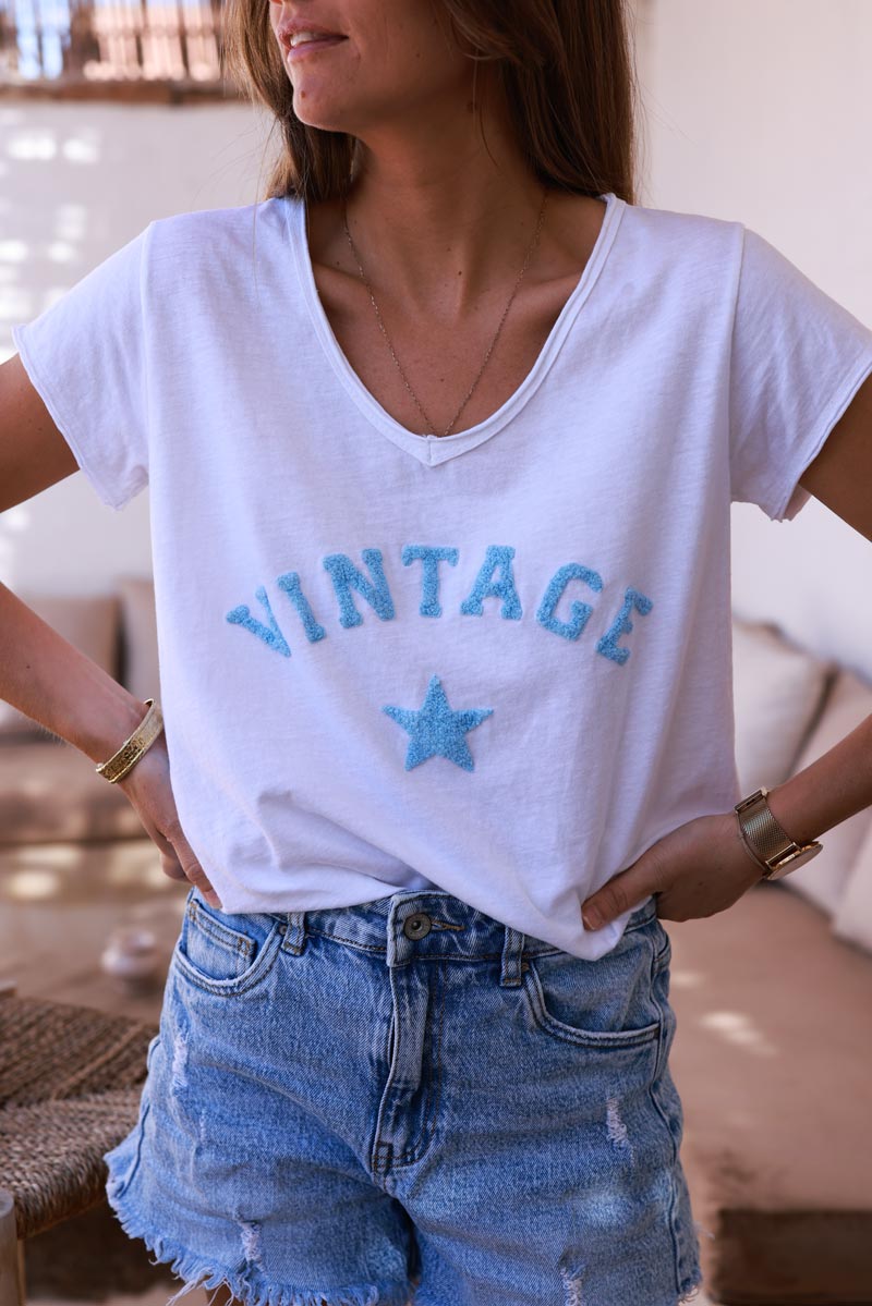 Light Blue Vintage Star Varsity White V-Neck Tee