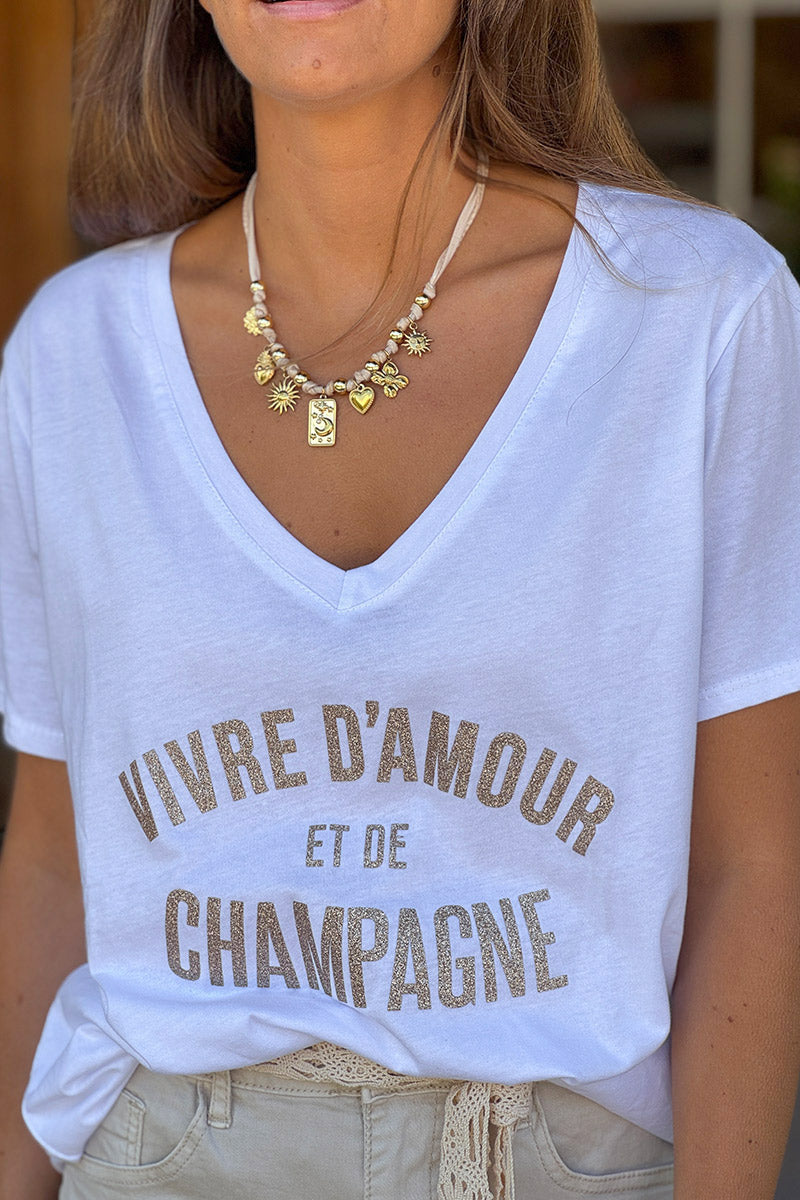 White “Vivre D’Amour et de Champagne” V-Neck Tee