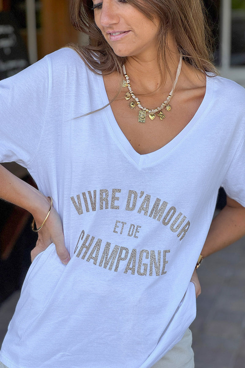 White “Vivre D’Amour et de Champagne” V-Neck Tee